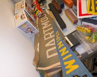 Old pennants, HO trains, Ginny doll case