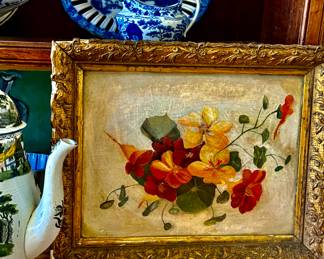 Fabulous Victorian painting of pansies in the original frame