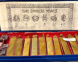 Vintage Chinese Shoushan Stone Seal Square Stamps featuring the Chinese zodiac symbols