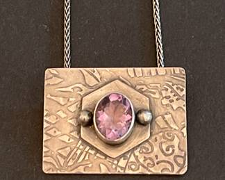 Sterling and Rose de France plaque pendant necklace