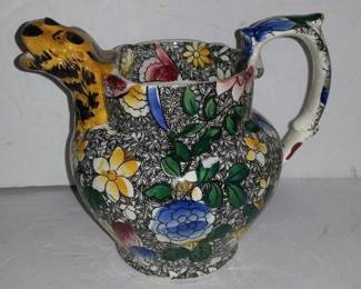 ANTIQUE C1840 STAFFORDSHIRE CHINTZ TRANSFERWARE LION'S HEAD SPOUT JUG PITCHER