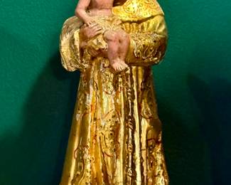 18th-century polychrome wood sculpture of Saint Manuel holding the baby Jesus from the Portuguese school of art.