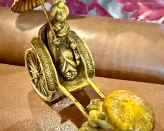 Vintage Japanese Celluloid Rickshaw Geisha or Goddess in Rickshaw Figurine, Moveable Wheels Mid Century Japan MCM Celluloid Figurine