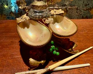 Antique French Palais Royal Mother of Pearl Glass Inkwell, Desk Stand adorned with jade berries and 14K gold pens