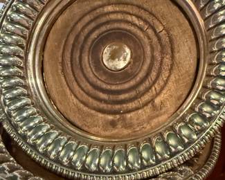 Mid 1800s pair of magnum sterling coasters with carved walnut bottoms