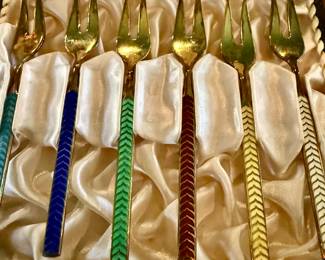 Denmark…gilt sterling and enamel boxed set of cocktail forks