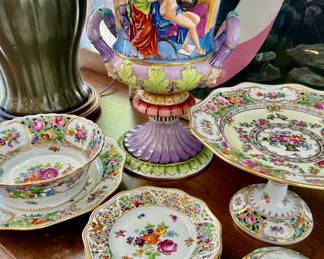 IMMACULATE DRESDEN DESSERT SERVICE
Cake Tazza, Fruit Bowl & Plate, Sugar Dish and cake plates! Fabulous find!