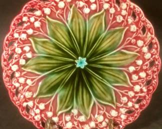 Antique German Majolica CAKE PLATE WOTH FOUR DESSERT PLATES Lily of Valley c.1895-1912