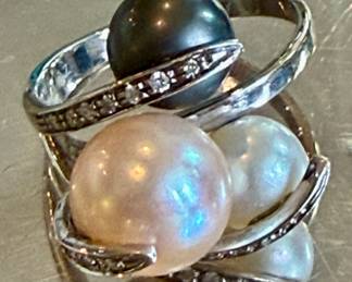 Pink, Tahitian and natural pearl ring in 18k with diamonds by Lowell NYC