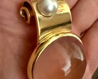 Heavy custom 18k gold pendant featuring a massive pink moonstone and a large cultured pearl.