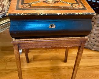 A late 1700s traveling writing desk on stand with mother of pearl inlay in ebonized walnut