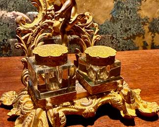 19th C Antique Bronze French Double Inkwell With Cherub