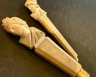 RARE bone letter opener tops, possibly dating back to the 18th. The handles are carved with classical-style busts, and one is inscribed with "VESUVIO," suggesting a possible souvenir connection to Mount Vesuvius or the surrounding region