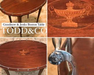 Antique signed tea table with intricate inlay and a solid sterling tray surround. Late 1800s