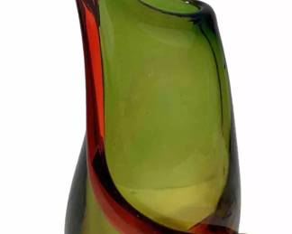 Murano Sommerso Art Glass Vase Green And Orange MCM 11” Tall Teardrop