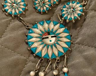 Stunning turquoise and pearl Zuni necklace and earrings