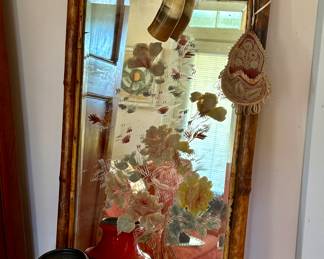 Circa 1880 Victorian hand painted tortoise shell bamboo mirror…original reverse painted silver glass