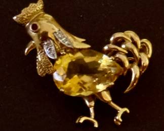 Stunning custom 18K citrine, ruby and diamond rooster brooch