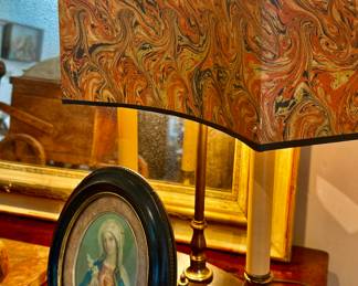 Marvelous walnut library lamp with custom marbleized shade circa 1960s