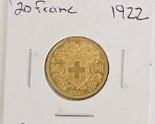 1922 Swiss 20 Franc Gold Coin Brilliant Uncirculated Condition Coin