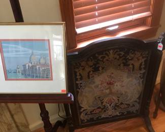 Wood display easel with unique print! Antique wood framed fireplace screen with crewel work!