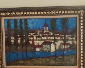 Signed wall painting with carved wood frame!