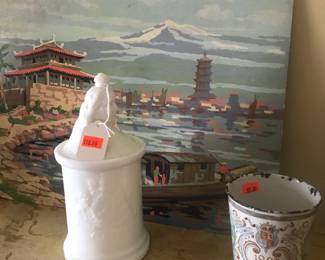 Queen Victoria milk glass cigar jar humidor and a 1897 tin coronation cup!