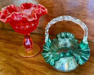Fenton Amberina ruffled compote and spruce iridescent mini-basket
