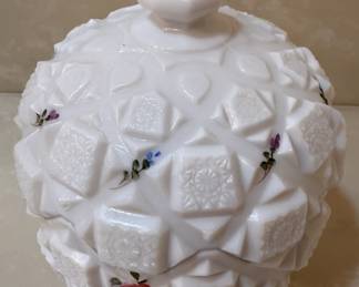 Westmoreland milk glass covered dish, signed by T. Napler