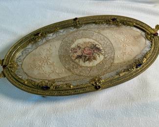 Antique jeweled ormolu filigree oval vanity tray with embroidered lace insert by Silvercraft