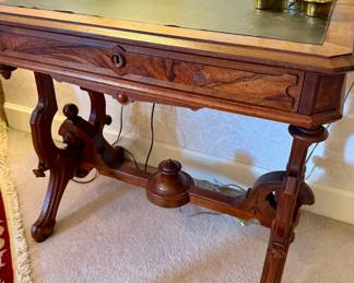 Vintage carved wood desk with leather top