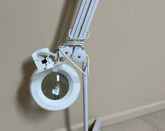 Rolling swing arm magnifying lamp