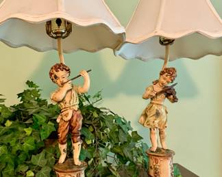 Vintage boy and girl chalkware lamps