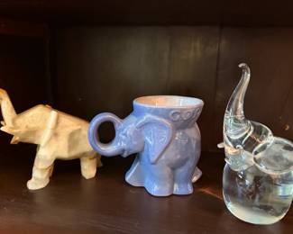 Marble, pottery and blown glass elephants