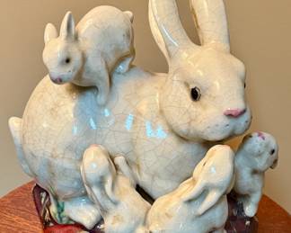 Crackled porcelain rabbit family statue