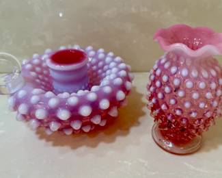 Fenton hobnail opalescent cranberry candle holder and mini-vase