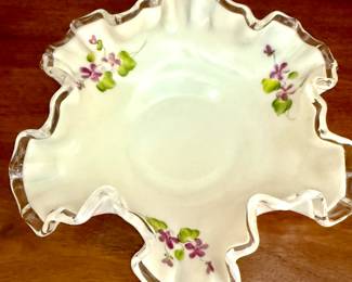 Fenton ruffle glass with violets candy dish signed by Diane Wagner