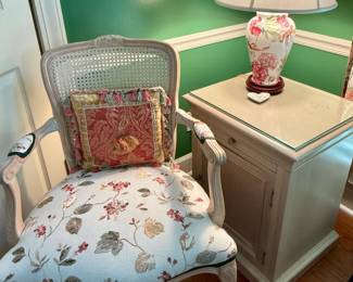 Upholstered rattan back armchair