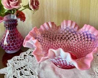 Fenton cranberry coin dot ruffled vase and hobnail ruffled bowl