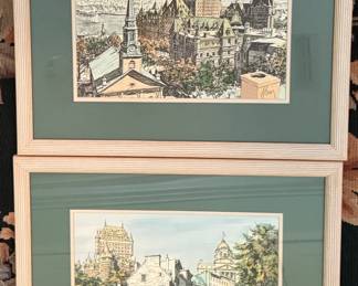 Framed pen and ink color drawings of Old Quebec City by Alain Couture