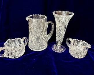 Cut Crystal Pitcher, Creamer, Sugar Bowl and Vase