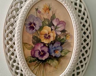 Vintage Homco Cream Oval Faux Rattan Pansy Wall Art Signed by Fran Anderson
