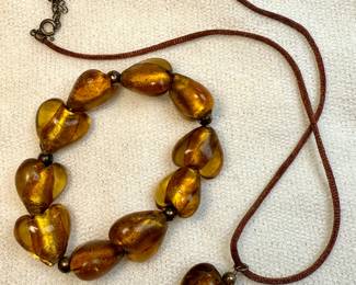 Glass Amber Heart Pendant and Bracelet Set