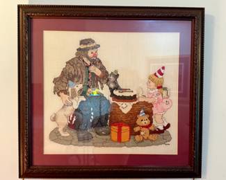 Framed/Matted Emmett Kelly "Happy Birthday" Cross Stitch