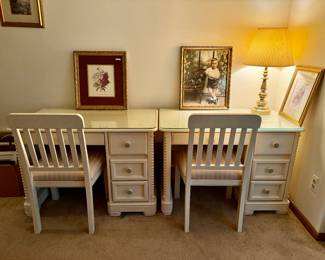 2 desks, 2 chairs, wall art, brass lamp