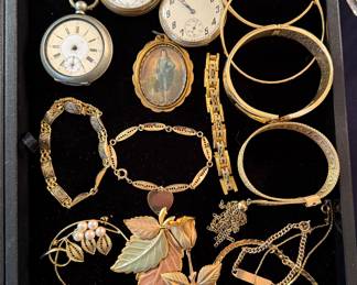 Pocket Watches, Gold tone bracelets, brooches