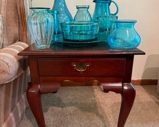 Teal/Turquoise Glass, Cherry wood end table 