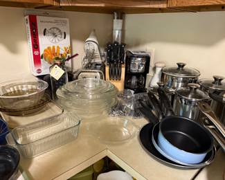 Glass baking dishes, small appliances, stainless canisters, cookware