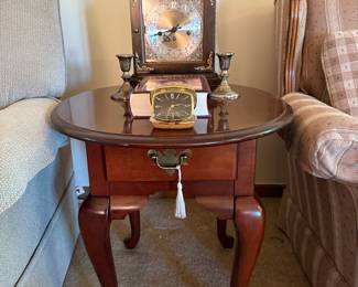 Mantle Clock, Sterling weighted candle holders, signed book, Cherry wood end table