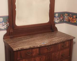 Antique Marbletop, 5-Drawer Dresser with attached Mirror